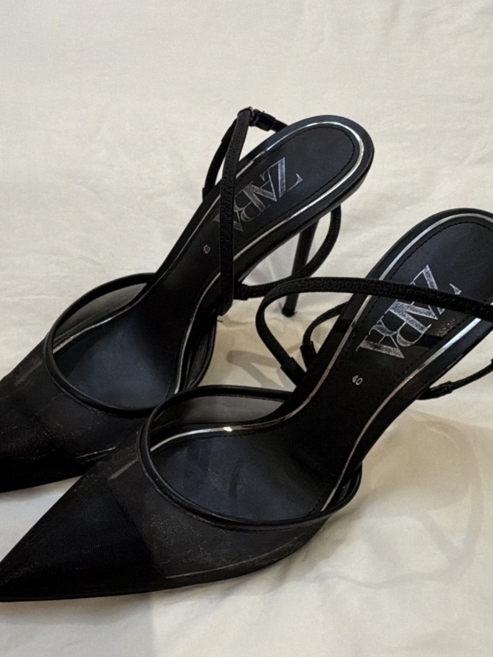 Zara Black Mesh Pointed Toe Slingback Stiletto Ankle Strap Pumps EU 40 US 9